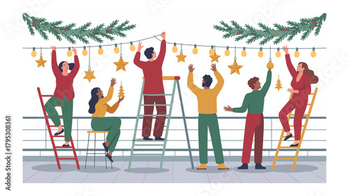 Festive Decoration: a group of people collectively decorate their space with festive lights, creating a warm, inviting atmosphere for the holiday season.