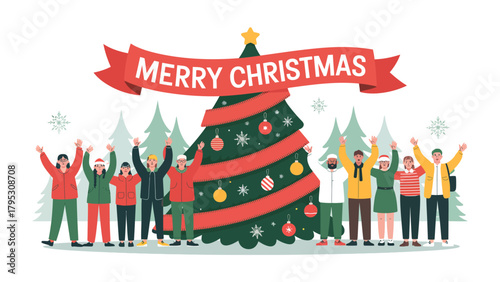 Joyful Christmas Gathering: A festive group of individuals celebrates the holiday season around a decorated Christmas tree, their uplifted hands echoing the warmth and cheer of the occasion.