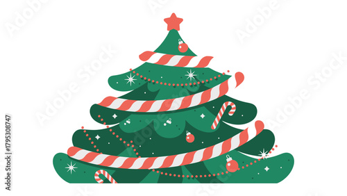 Festive Cheer: A vibrantly illustrated Christmas tree adorned with candy canes, ornaments, and twinkling lights against a pristine background, spreading joy and anticipation.