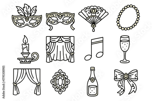 Elegant Masquerade Icons. Masquerade Party linear icons: feathered mask, gold trim, ribbon ties, fan, pearls, candlelight, velvet drape, music note, champagne glass, stage curtain.