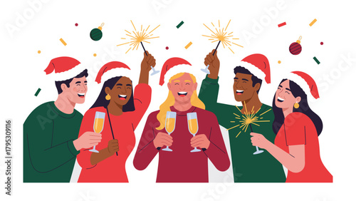 Festive Gathering with Sparklers and Cheers: A cheerful group of diverse individuals, wearing Santa hats, light up the night with sparklers, toasting with champagne flutes.