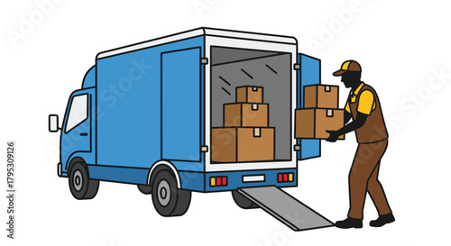 Dedicated delivery worker carefully loads stacked cardboard boxes onto a bright blue moving truck using a ramp for efficient transport services, Generative AI