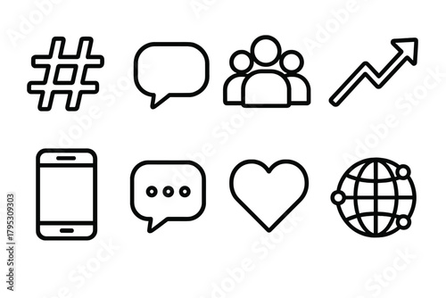 Social Media Icons. Community Hashtag Trends linear icons: hashtag symbol, chat bubble, group icon, trending arrow, smartphone screen, speech dots, heart like, globe connection.