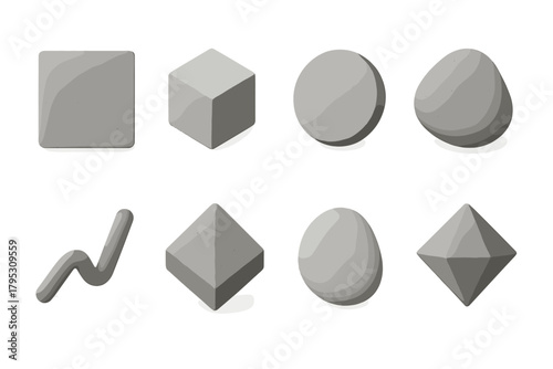 Minimalist Icon Set. Modern Monotone flat icons: gray scale, geometric shape, light shadow, texture square, smooth line, stone tone, matte finish, shimmer.