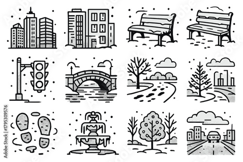 Downtown Winter Serenity. Downtown in Snow linear icons: modern skyscrapers, frosted windows, snowcovered benches, traffic lights glowing, icy bridges, winter park, footprints in.