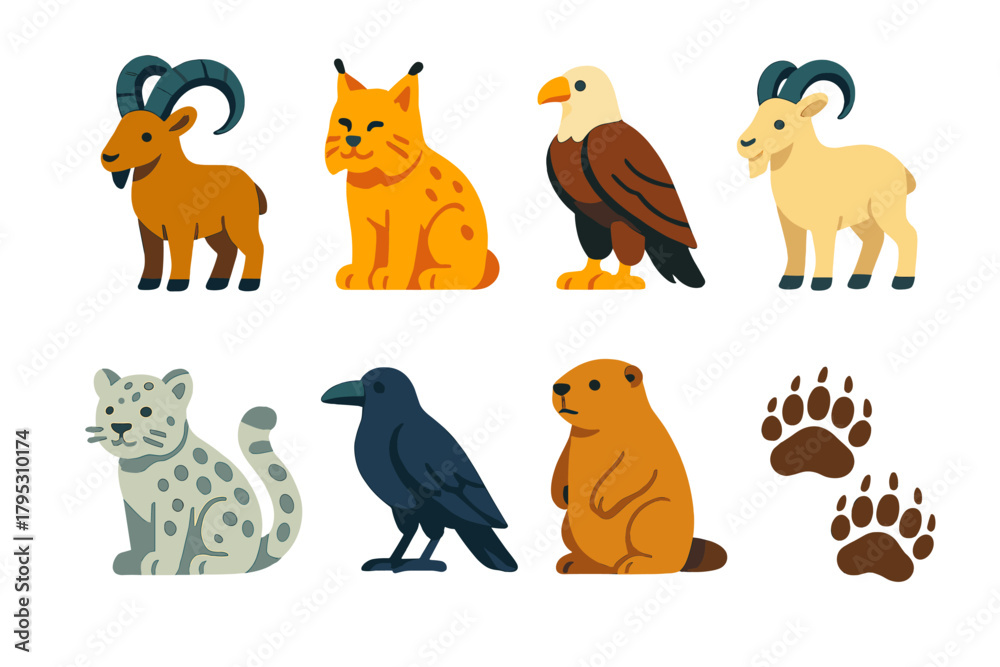 Fototapeta premium Mountain Wildlife Icons. Mountain Wildlife flat icons: ibex, lynx, eagle, mountain goat, snow leopard, raven, marmot, bear tracks.
