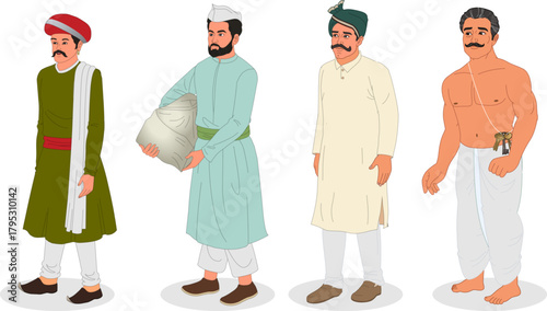 collection of traditional indian village man characters in kurta lungi animation ready vector illustration
