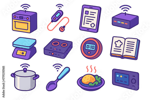 Smart Kitchen Gadgets. Connected Cooking flat icons: smart oven, digital thermometer, recipe app on tablet, WiFi kitchen hub, measuring scale with display, induction stove, smart.