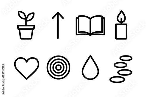 Personal Growth Icons. Personal Growth Icons linear icons: plant in pot, upward arrow, open book, candle flame, heart symbol, tree ring, raindrop, stepping stones.