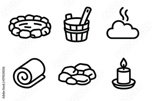 Thermal Bath Icons. Thermal Retreat linear icons: mineral pool, bath bucket, towel roll, steam cloud, rock edge, candle.