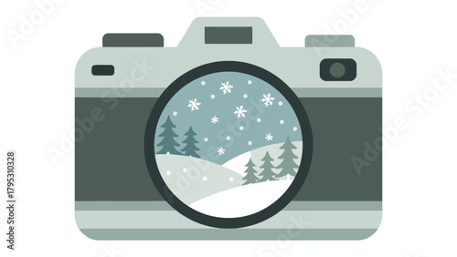 Picture Perfect Winter Landscape: Capturing the serene beauty of a winter wonderland through the lens of a classic camera, featuring a snowy landscape and serene evergreen trees.