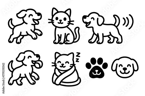Joyful Pet Icons. Joyful Pet Moments linear icons: playful puppy, curious kitten, wagging tail, purring cat, fetch ball, cozy blanket, happy paw print, smiling pet face.