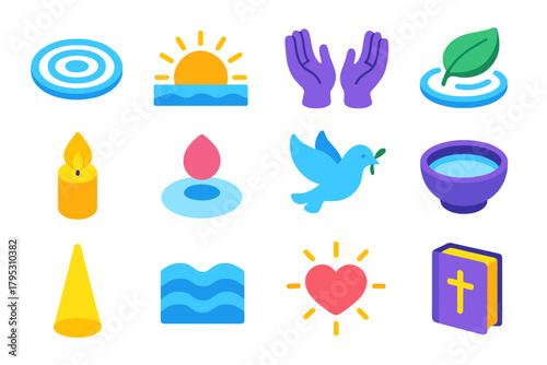 Renewal & Reflection Icons. Renewal & Reflection flat icons: water ripple, sunrise, open hands, leaf floating, candle flame, reflection, peace dove, bowl of water, beam of light.