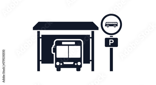 Modern bus stop shelter with waiting area and parking sign symbolizing public transport and urban mobility solutions, Generative AI