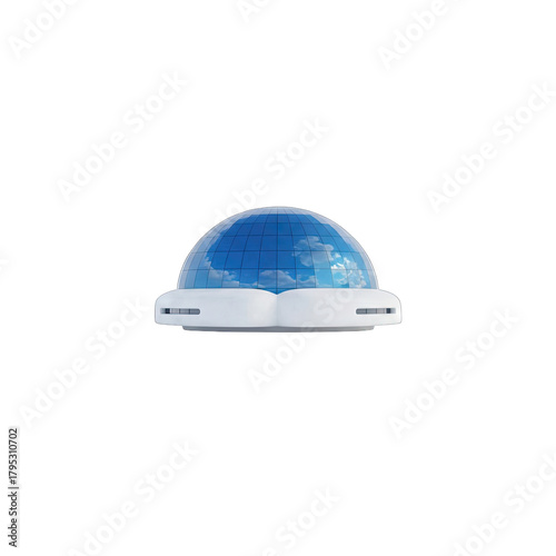 A clear blue sky with scattered clouds seen through a transparent dome on a white base with a subtle reflective surface and a clean studio lighting setup showcasing a futuristic design concept