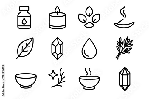 Healing Aromas Icons. Healing Aromas Set linear icons: essential oil bottle, candle, flower petals, incense smoke, diffuser, leaf, crystal, drop of oil, herbs, bowl, sparkle.