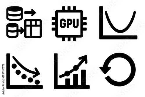Brutalist Style Icon Set. Model Training silhouette icons set: training pipeline, GPU processor, loss function graph, gradient descent, accuracy chart, iteration loop.