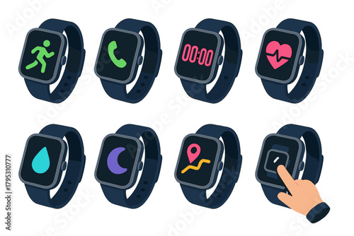 Isometric Smartwatch Icons. Smartwatch Moments flat icons: fitness tracking, incoming call, digital timer, pulse line, hydration reminder, sleep mode icon, GPS path, wrist tap.
