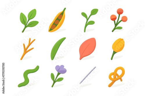Vibrant Nature Icons. Natural Details flat icons: leaf sprig, seed pod, vine, berry stem, twig, grass blade, petal, bud, soft curve, floral stem, shadow line, knot.
