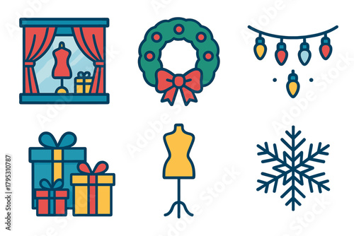 Festive Holiday Icons. Holiday Window Displays flat icons: decorated window, wreath, lights, gift boxes, mannequin, snowflake.