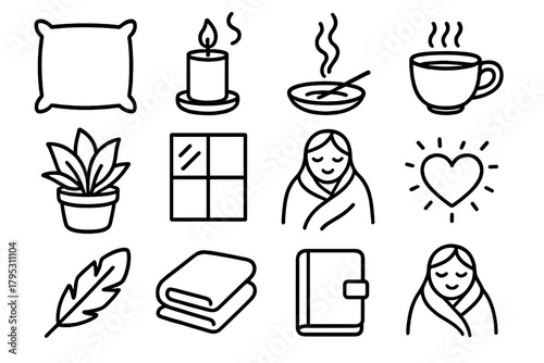 Serene Icon Collection. Serene Retreat Set linear icons: cushion, candle, incense smoke, cup of tea, plant pot, window light, cozy wrap, heart glow, calm face, feather, folded.