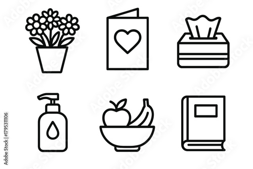 Hospital Care Icons. Hospital Care Packages linear icons: flowers, get well card, tissues, lotion, fruit, book.