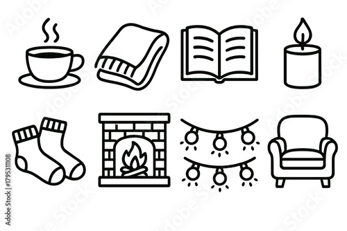 Cozy Evening Essentials. Cozy Evening Ambience linear icons: teacup with steam, blanket fold, open book, flickering candle flame, warm socks, fireplace, glowing string lights.