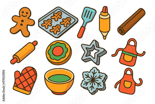 Festive Baking Icons. Holiday Baking Traditions flat icons: gingerbread man, cookie tray, spatula, cinnamon stick, rolling pin, decorated cookie, icing tube, star cutter, oven mitt.