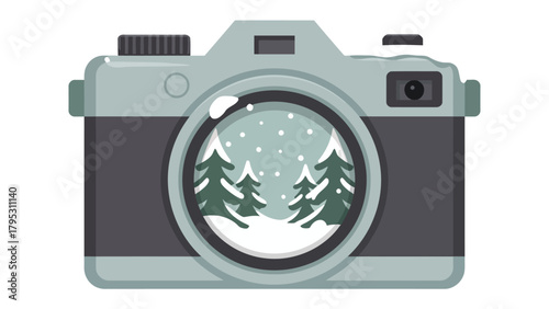 Winter scene framed: A detailed illustration of a vintage camera lens capturing a serene winter scene of pine trees under a snowy sky. This art piece evokes the magic of a winter wonderland.