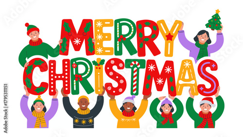 Festive Cheers: A vibrant illustration depicts a group of diverse individuals joyfully holding up colorful letters that spell out MERRY CHRISTMAS, representing unity and festive celebration.