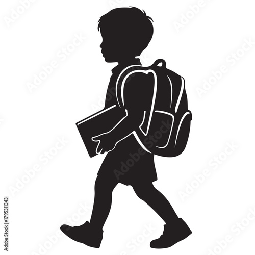 Silhouette of a young boy walking to school with a backpack and book isolated on white background
