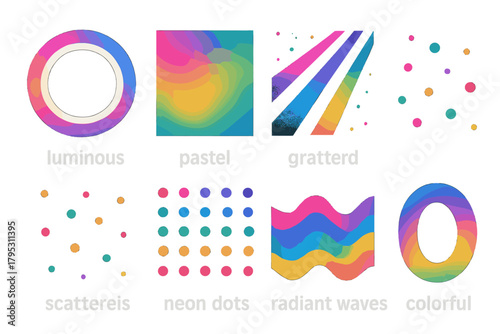 Bolder Vector Icons. Colorful Light Patterns silhouette icons set: luminous circles, pastel gradient, scattered glow, beam streaks, light reflection, neon dots, radiant waves.