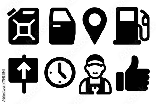 Fuel Delivery Icons. Fuel Delivery silhouette icons set: gas can, car door, map pin, fuel pump, road sign, clock, mechanic, thumbs up.