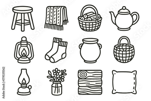 Rustic Comfort Icons. Rustic home comfort icons linear icons: wooden stool, knit throw, firewood basket, tea pot, cabin lantern, wool socks, clay pot, woven basket, rustic lamp.