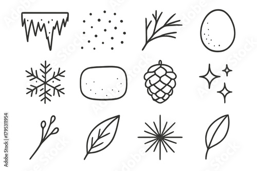 Winter Icon Array. Winter Textures linear icons: frost edge, snow dust, branch shadow, soft green, ice crystal, muted tone, pinecone detail, sparkle, stem line, leaf tip, cold hue.