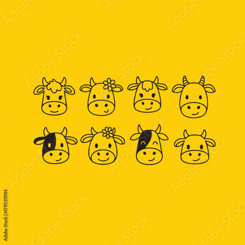 cartoon cow faces with various expressions