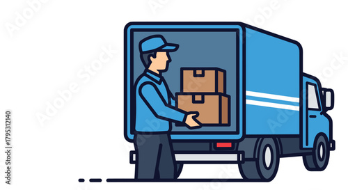 Dedicated delivery driver loading packages into a bright blue truck ensuring fast and reliable logistics for your business needs, Generative AI