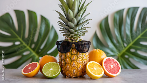Fototapeta Naklejka Na Ścianę i Meble -  Fun tropical pineapple with sunglasses and colorful citrus fruits