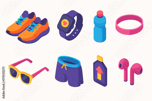Running Gear Icons. Running Gear flat icons: sneakers, smartwatch, water bottle, headband, sunglasses, running shorts, energy gel, earphones.