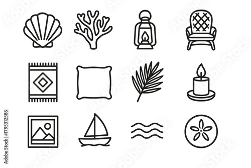 Seaside Decor Icons. Seaside Home Icons linear icons: seashell, coral, lantern, wicker chair, rug, cushion, palm leaf, candle, framed art, boat, wave, sand dollar.