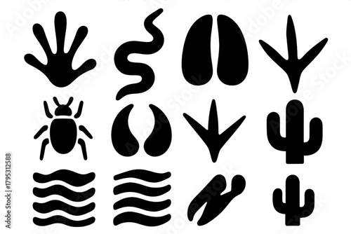 Desert Tracks Icons. Desert Tracks Collection silhouette icons set: lizard print, snake trail, camel hoof, beetle track, scorpion claw, bird footprint, sand ripple, cactus.