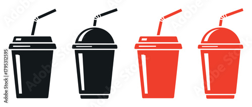 Quench your thirst with these vibrant drink icons, perfect for menus, marketing, and more. Refreshing beverages for any project, black and red versions included