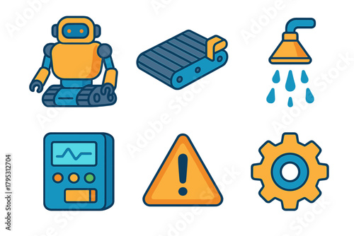 Industrial Cleaning Bots. Industrial Cleaning Bots flat icons: large robot, conveyor floor, water spray, control panel, safety sign, gear.