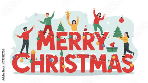 Joyful Christmas Celebration: Festive scene depicting figures interacting with Merry Christmas letters amid decorations and a festive atmosphere.