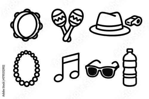 Samba Street Icons. Street Samba linear icons: tambourine, maracas, hat, whistle, beads, music note, sunglasses, water bottle.