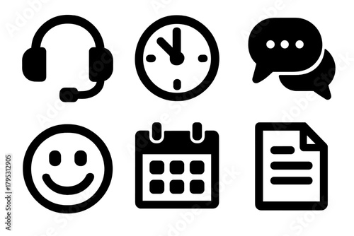 Bold Customer Icons. Customer availability silhouette icons set: headset, clock, chat bubbles, smile icon, calendar, document.