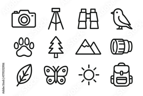 Wildlife Photography Icons. Wildlife Photography Icons linear icons: camera, tripod, binoculars, bird, paw print, tree, mountain, lens, leaf, butterfly, sun, backpack.