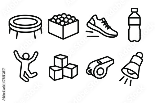 Indoor Jump Zone Icons. Indoor Jump Zone linear icons: trampoline, ball pit, shoes, drink bottle, jump figure, foam cubes, whistle, light beam.