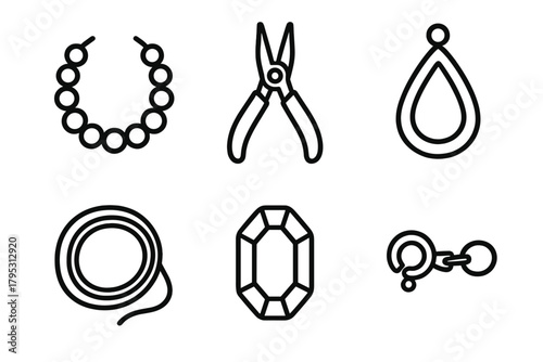 Jewelry Making Icons. Jewelry Making linear icons: beads, pliers, pendant, string, gemstone, clasp.