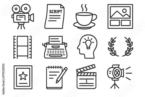 Indie Film Icons. Sundance Film Extravaganza – Independent Spirit linear icons: vintage camera, film script, coffee cup, storyboard, film strip, typewriter, creative mind icon.